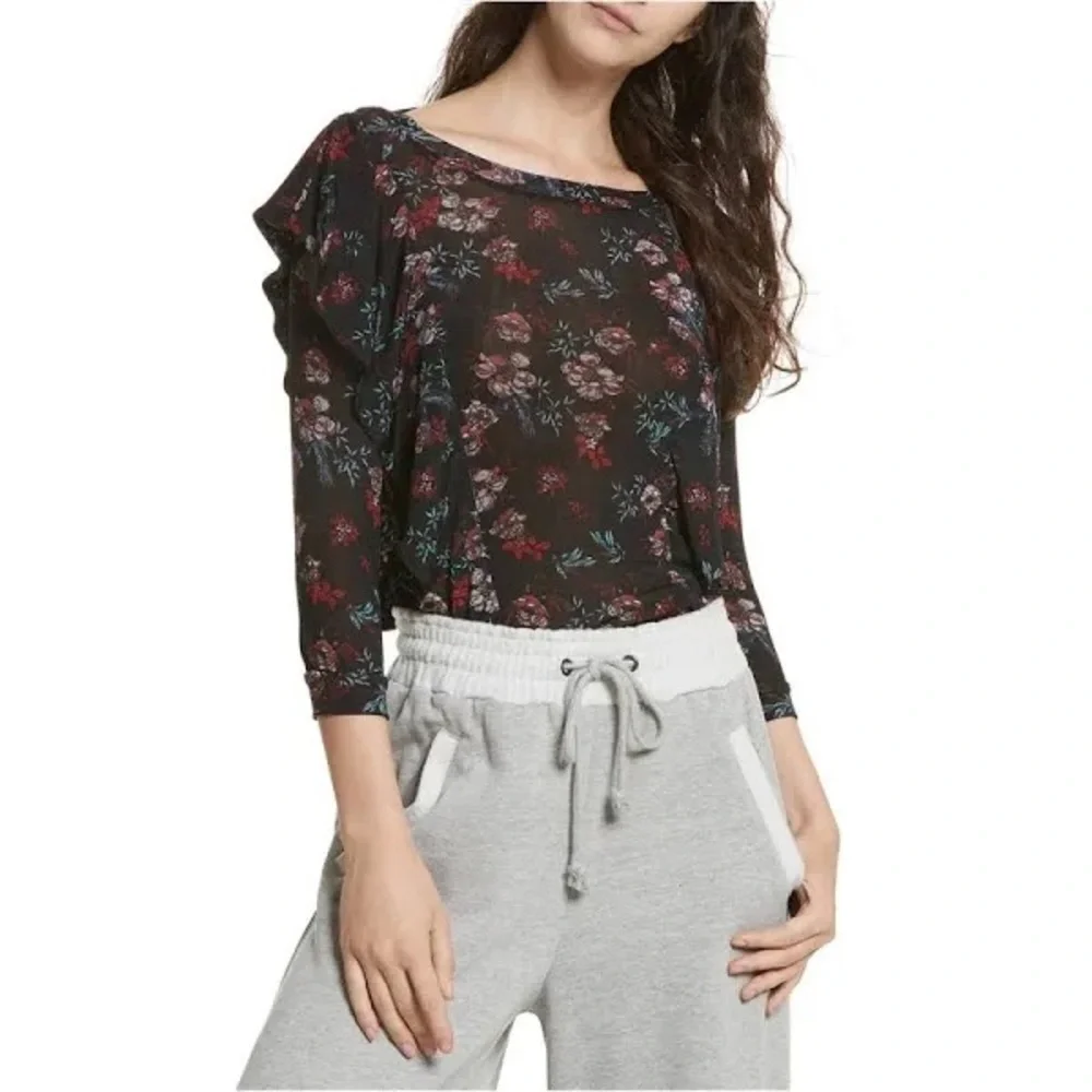 Free People Black Floral Ruffle‎ Shoulder Blouse Long Sleeve Size S